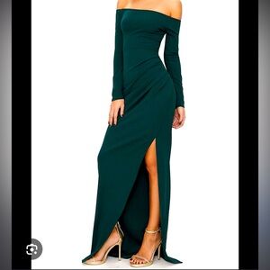 Prettylittlething green, off the shoulders long dress with slit. Size 2